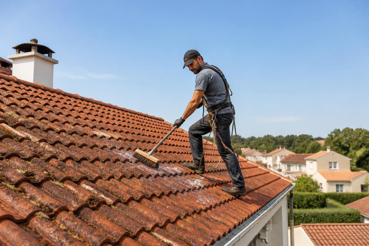 Démoussage et nettoyage d'une toiture en tuiles